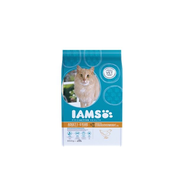 SUHA HRANA ZA MAČKA IAMS BRIKETI, STERIL. PRETEŽKE MAČKE - PIŠČANEC, 850G