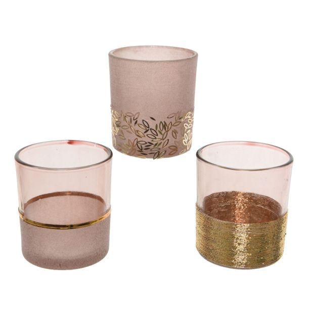 SVEČNIK ROZA Z ZLATIM TRAKOM 9X10 CM