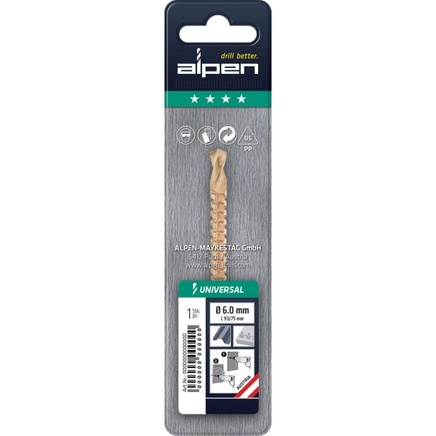 SVEDER HSS-TIN DIN 338 ALPEN 6.00 MM UNIVERZALNI REZKALNI SVEDER