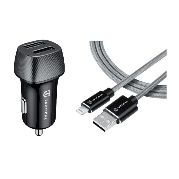 TACTICAL AVTOPOLNILEC 2X USB-A QC 24W 3A S KABLOM LIGNTNING LICENČNI POLNILEC- SIV