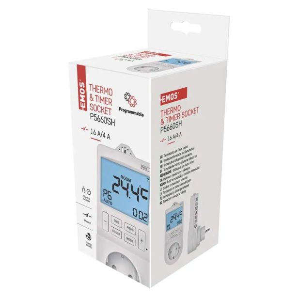 TERMOSTAT EMOS ZA VTIČNICO 2V1 SCHUKO + DIGITALNI ČASOVNIK