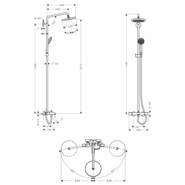 PIPA ZA KAD HANSGROHE CROMA 220, STOJEČA OKROGLA PRHA, GIB. CEV