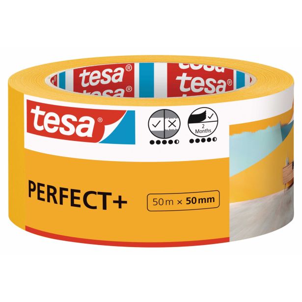 TESA ZAŠČITNI TRAK PERFECT+ 50M X 50MM, ZA KVALITETNO MASKIRANJE V NOTRANJIH PROSTORIH.