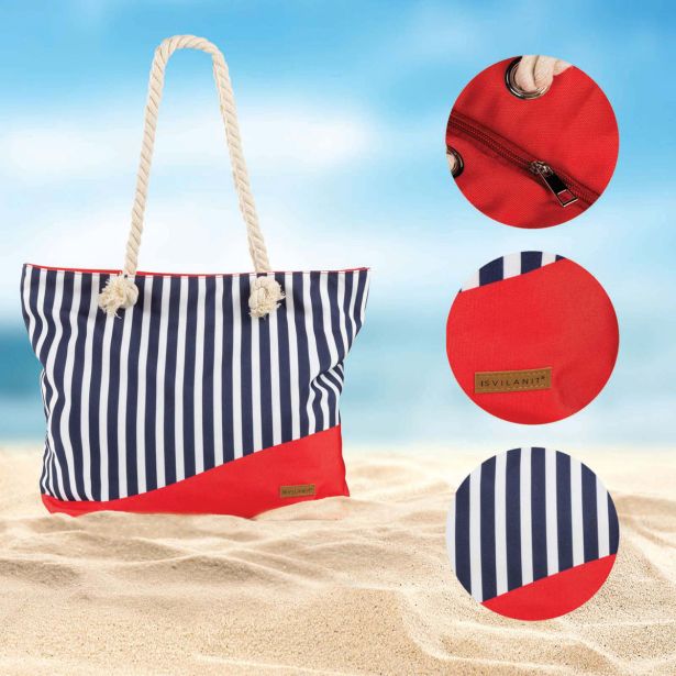 TORBA ZA NA PLAŽO SVILANIT TORBA PLAŽNA STRIPES MODRO-BELA Z RDEČO