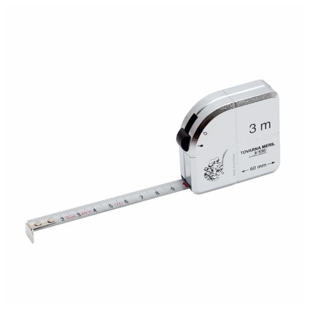 TRAČNI METER NA VZMET TOVARNA MERIL KOVINE 3M X 13 MM KROMIRANO OHIŠJE