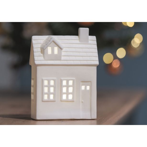 VASICA EMOS LED KERAMIČNA HIŠICA 18CM TOPLO BELA, ČASOVNIK