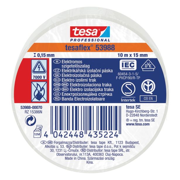 VEČNAMENSKI LEPILNI TRAK TESA ELEKTRO IZOLIRNI TRAK BEL 10MX15MM