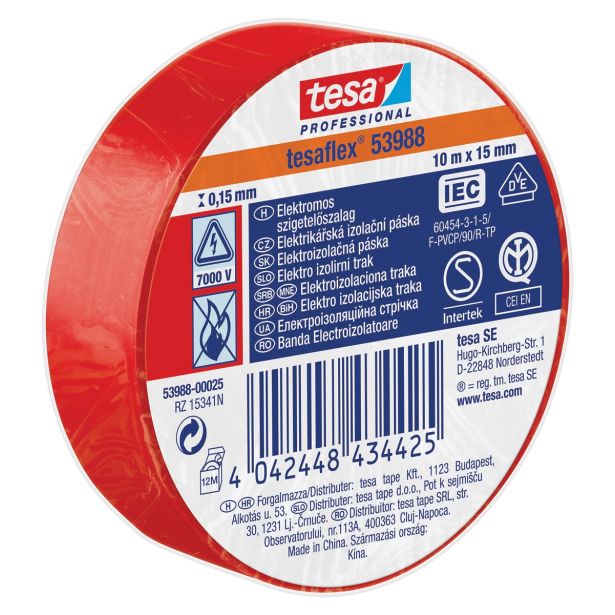 VEČNAMENSKI LEPILNI TRAK TESA ELEKTRO IZOLIRNI TRAK RDEČ 10MX15MM