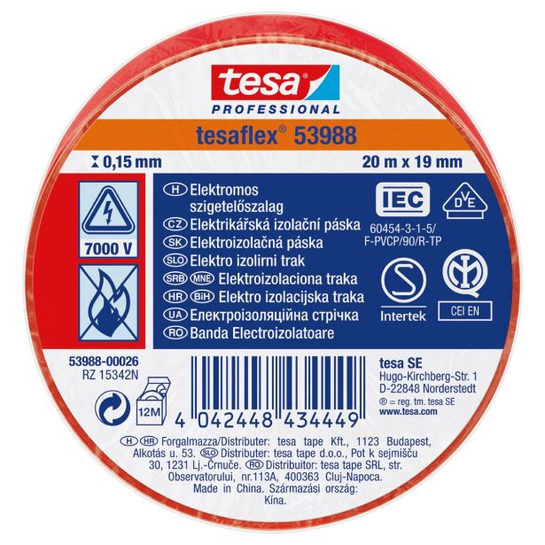 VEČNAMENSKI LEPILNI TRAK TESA ELEKTRO IZOLIRNI TRAK RDEČ 20MX19MM