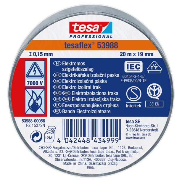 VEČNAMENSKI LEPILNI TRAK TESA ELEKTRO IZOLIRNI TRAK SIV 20MX19MM
