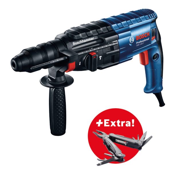VRTALNO KLADIVO BOSCH GBH 240 F + VEČNAMENSKO ORODJE 'SWISS PEAK' + DODATNI ROČAJ + VPENJALNA GLAVA SDS-PLUS + KOVČEK