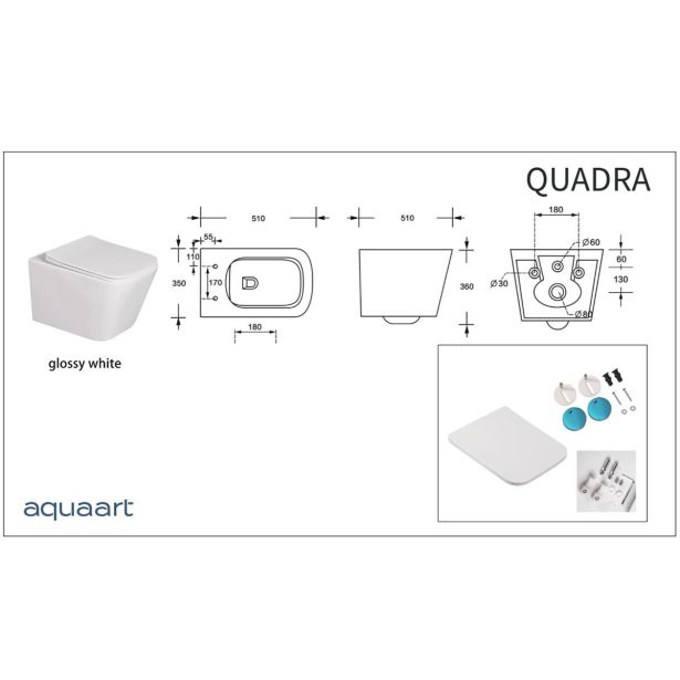WC ŠKOLJKA, VISEČA FEROTEHNA QUADRA BREZ ROBA Z WC DESKO