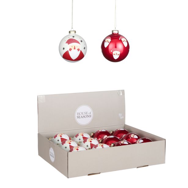 STEKLENA BUNKA ZA NOVOLETNO JELKO Z MOTIVOM BOŽIČKA, PREMER 80 MM, RDEČE ALI BELE BARVE