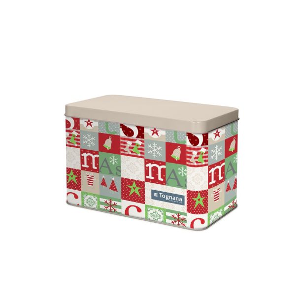 PODOLGOVATA ŠKATLA ZA SHRANJEVANJE PIŠKOTOV Z NOVOLETNIM MOTIVOM.