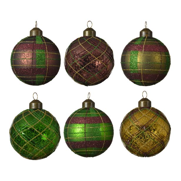 STEKLENA BUNKA ZA NOVOLETNO JELKO V ZLATI, RDEČI ALI ZELENI BARVNI KOMBINACIJI S KARO VZORCEM, PREMER 80 MM, SORT