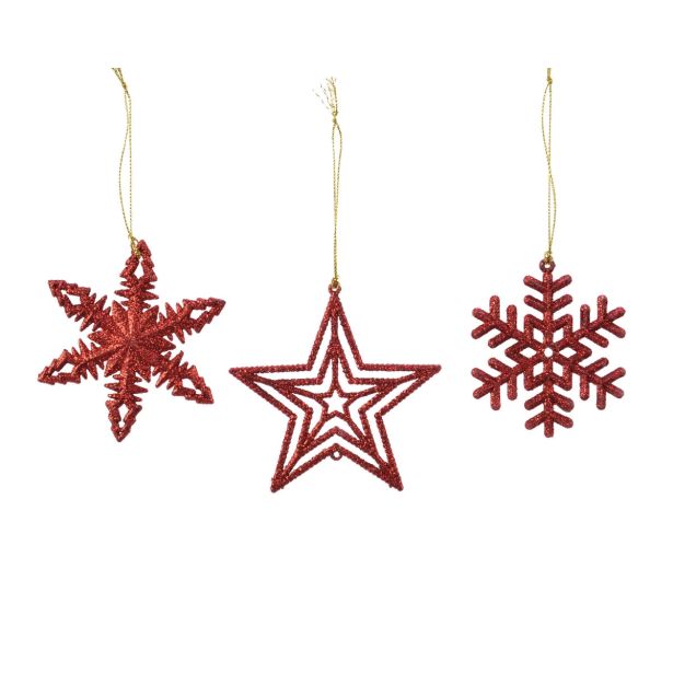 OKRASEK ZA JELKO ZVEZDE/SNEŽINKE RDEČE 10 ALI 8.5CM SORTIRANO