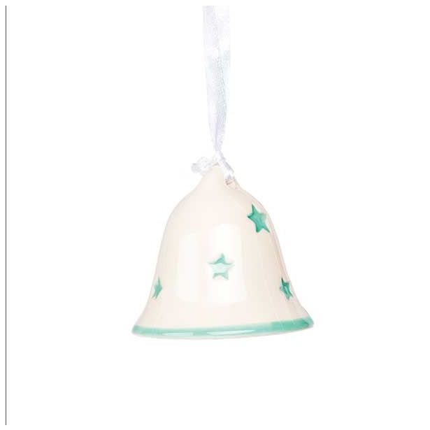 OKRASEK ZA JELKO GLOSSTYLE ZVONEC KERAMIČNI 5 CM BEŽ Z ZELENIM DEKORJEM