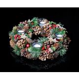 RDEČE ZLAT ZASNEŽEN ADVENTNI VENEC FI 34 CM S 4 KOZARČKI