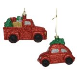 OKRASEK ZA NOVOLETNO JELKO - AVTO, RDEČE BARVE Z BLEŠČICAMI, 11,50X8,50 CM, SORT