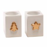 NOVOLETNI SVEČNIK R+W KERAMIČNI BELI 7X10 CM ZLATI DEKOR ZVEZA/JELKA