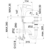 PIPA ZA UMIVALNIK UNITAS HARMONY STOJEČA, ZG. DEL SIFONA, KOTNA VENTILA