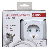 PODALJŠEK EMOS 4 VTIČNICE + 2XUSB H05VV-F 3G1.5 1.9M, KOCKA