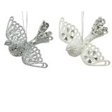 OKRASEK ZA NOVOLETNO JELKO - PTICA, BELE/SREBRNE BARVE Z BLEŠČICAMI, 11X16 CM, SORT
