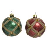 STEKLENA BUNKA ZA NOVOLETNO JELKO RDEČE ALI ZELENE BARVE Z ZLATIM DEKORJEM, PREMER 80 MM, SORT