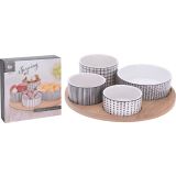 SET SKODELIC IN LONČKOV EH 5 DELNI SET SKLEDIC NA LESENEM PLADNJU