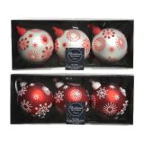 STEKLENA BUNKA DECORIS BELA/RDEČA S SNEŽINKAMI 3/1 FI 8 CM SORT