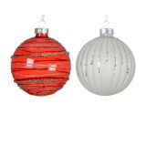 STEKLENA BUNKA DECORIS FI 8 CM, RDEČA, BELA VZOREC, SORTIRANO