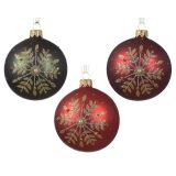 STEKLENA BUNKA DECORIS RDEČA/ZLATA/ZELENA Z MOTIVOM SNEŽINKE FI 8 CM