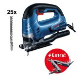 VBODNA ŽAGA BOSCH GST 90 BE + VEČNAMENSKO ORODJE 'SWISS PEAK' + 25-DELNI KOMPLET ŽAGINIH LISTOV + KOVČEK