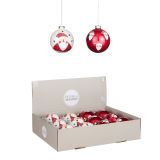 STEKLENA BUNKA ZA NOVOLETNO JELKO Z MOTIVOM BOŽIČKA, PREMER 80 MM, RDEČE ALI BELE BARVE