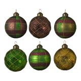 STEKLENA BUNKA ZA NOVOLETNO JELKO V ZLATI, RDEČI ALI ZELENI BARVNI KOMBINACIJI S KARO VZORCEM, PREMER 80 MM, SORT