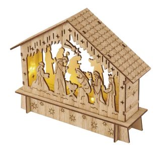 LED BOŽIČNE JASLICE LESENE, 15 CM, 2X AA, NOTRANJE, TOPLA BELA, ČASOVNIK