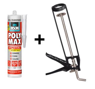 MONTAŽNO LEPILO BISON POLY MAX CRYSTAL EXPRESS 300G + PIŠTOLA GRATIS
