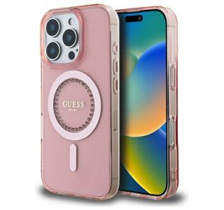 ORIGINALNI GUESS OVITEK GUHMP16LPFTDTEP ZA IPHONE 16 PRO - MAGSAFE - ROZA S KRISTALČKI