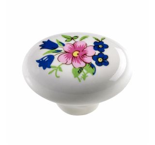 POHIŠTVEN GUMB HETTICH DIY, FI 32 MM, BELA KERAMIKA Z DEKORJEM (ROŽA)