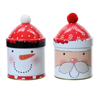 ŠKATLA ZA SHRANJEVANJE DECORIS PLOČEVINKA RDEČE BELA FI 9.1 CM. VIŠINA 14 CM