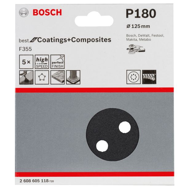 SAMOPRITRILNI BRUSNI DISK BOSCH 5- DELNI SET F355 ČRN 125MM 8 LUKENJ P180