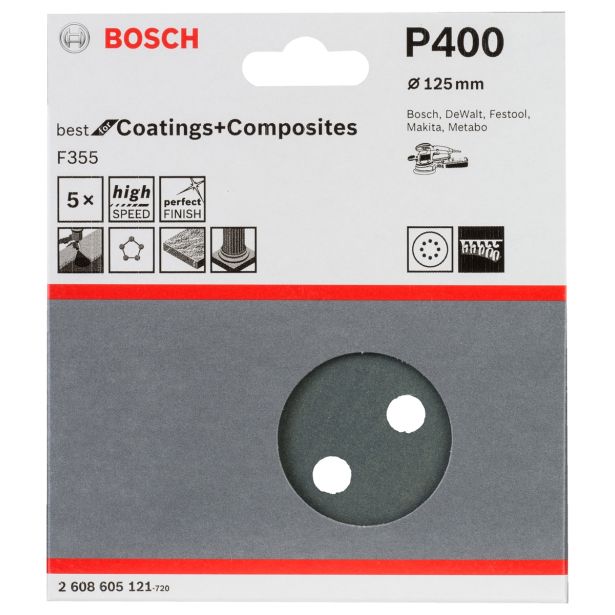 SAMOPRITRILNI BRUSNI DISK BOSCH 5- DELNI SET F355 ČRN 125MM 8 LUKENJ P400