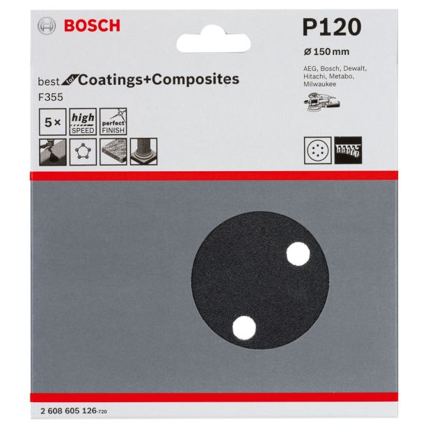 SAMOPRITRILNI BRUSNI DISK BOSCH 5- DELNI SET F355 ČRN 150MM 6 LUKENJ P120