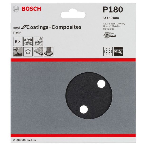 SAMOPRITRILNI BRUSNI DISK BOSCH 5- DELNI SET F355 ČRN 150MM 6 LUKENJ P180