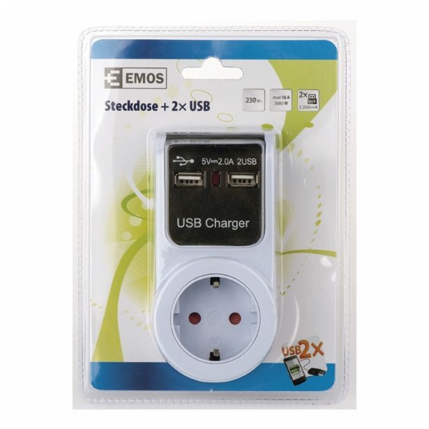 ŠUKO VTIKAČ EMOS 2X USB POLNILEC PVC BELI + ŠUKO VTIČNICA