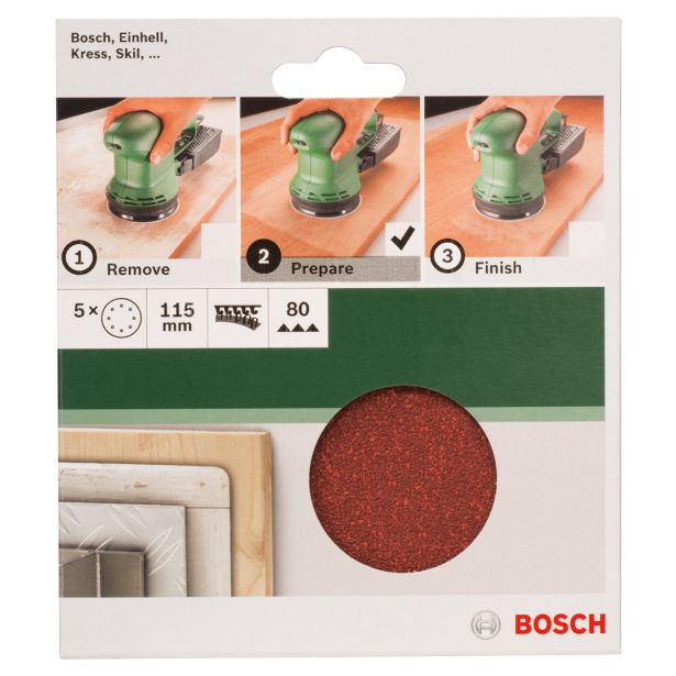 SAMOPRITRILNI BRUSNI DISK BOSCH 5-DELNI SET C430 RDEČ 115MM K80 8 LUKENJ ZA LES