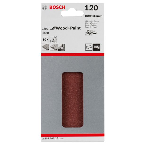 SAMOPRITDILNI BRUSNI LIST BOSCH 10-DELNI SET C430 RDEČ 80X133 MM P120 8 LUKENJ