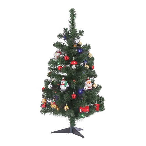 ZELENA NOVOLETNA JELKA IZ UMETNE MASE Z LED LUČKAMI IN 26 OKRASKI, VIŠINE 90 CM