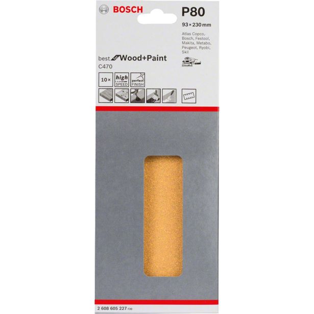 10-DELNI SET SAMOPRITRDILNIH BRUSNIH LISTOV BOSCH 93X230 MM K80 8 LUKENJ RUMENA BARVA ZA LES