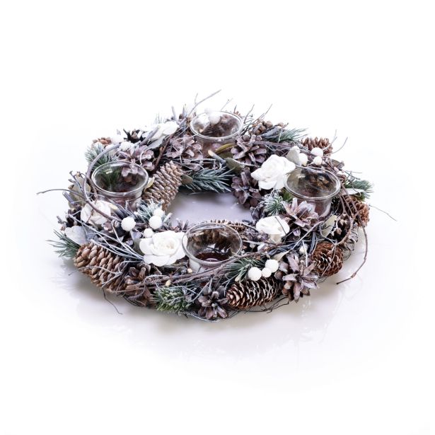 VENČEK GLOSSTYLE ADVENTNI FI 33 CM 4 KOZARČKI, VEJE IN ROŽE